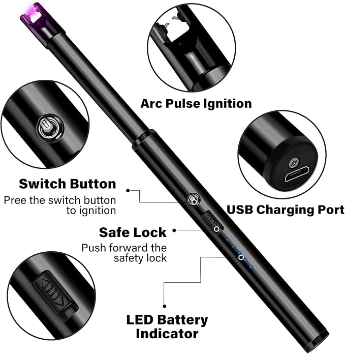 Electric Candle Lighter Windproof USB Rechargeable Flameless Long Neck Lighter for Candles Gas Stove Fireplace BBQ Kitchen Grills (Black)