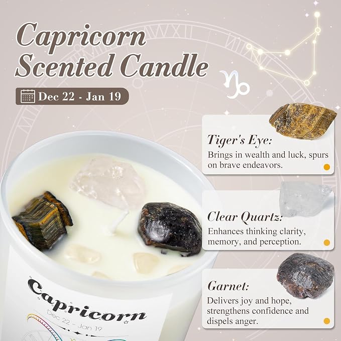 Capricorn Gifts for Women, Zodiac Capricorn Candle with Healing Crystals,Capricorn Birthday Gifts for Women, Mom, Sister, Friends, Meditation, Yoga, Relaxation (7oz)