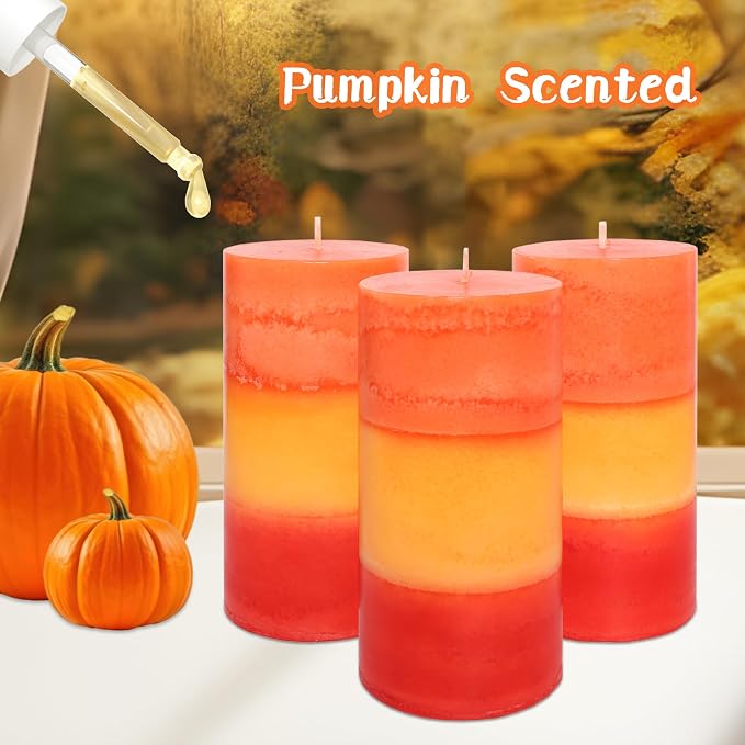 Tall 3x6 Inch Orange Pillar Candles 3 Pack Hand-Crafted Spiced Pumpkin Scented Candles Long Burn Time Dinner for Home Scented Housewarming Thanksgiving Gifts Fall Autumn