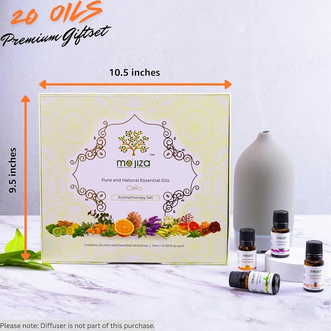 MO'JIZA Pure Aromatherapy Essential Oils Gift Set, 20 Oils-Sandalwood, Rose, Bergamot, Patchouli, Grapefruit, Clary Sage, Jasmine, Lavender, and More, 10ml Each. Certified Kosher, Vegan & Cruelty Free