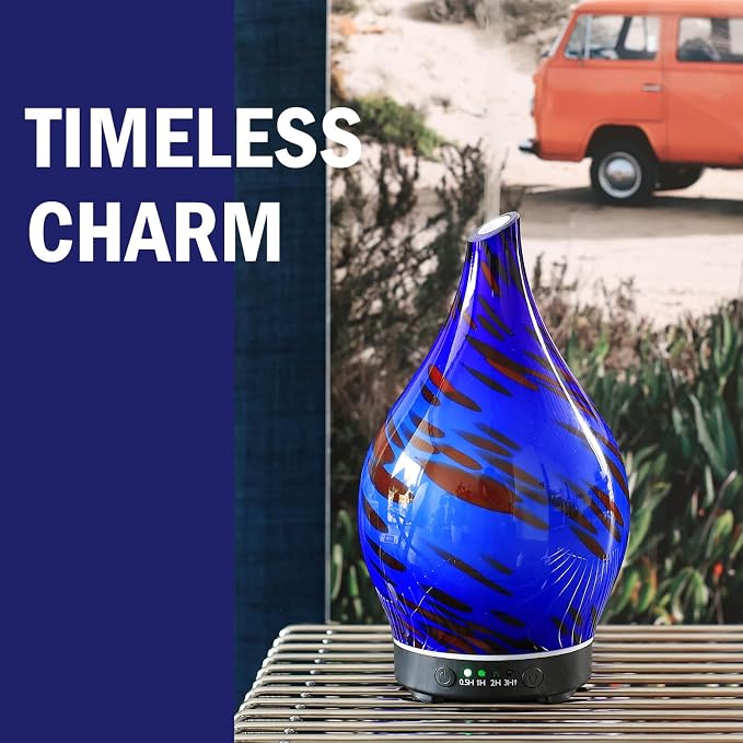 Porseme 150ml Essential Oil Diffuser Hand-Blown Glass Aroma Diffusor, Aromatherapy Unltrasonic Cool Mist deffuser, 7 Color Changing, Waterless Shut-Off, Timer Function for Home Office(Cobalt Blue)