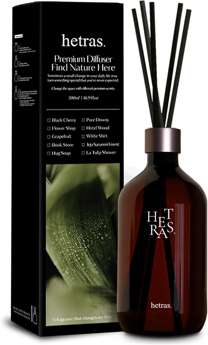 hetras Premium Reed Diffuser Set (Hotel Wood Scent)–Large Capacity Home Fragrance | 16.9 fl.oz (500ml), 1 Pack with 5 Reed Sticks | Warm Woody Aroma | Luxury Decor for Home, Office & Bathroom