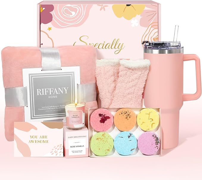 Suhctuptx Self Care Gifts for Women, Unique Birthday Gifts for Women, Relaxing Spa Set Get Well Soon Basket Care Package with 300GSM Blanket 40oz Tumbler for Mom Best Friend Sister