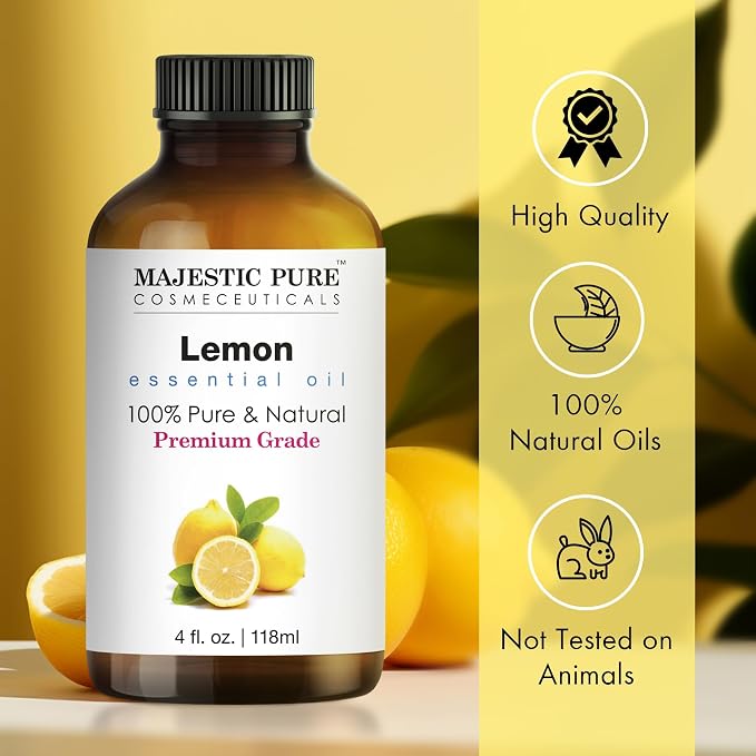 Majestic Pure Essential Oil with Glass Dropper - 100% Pure and Natural - Essential Oils for Diffuser, Aromatherapy, Soap and Candle Making, Lemon Essential Oil, Lemon Oil, 4 Fl Oz