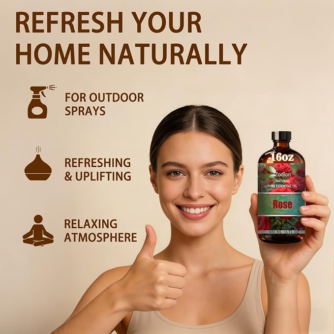 Rose Essential Oil - Rose Fragrance Oil for Diffuser, Massage, Humidifier, DIY Candle, Soap Making, Home, Bath, Yoga - 16 fl oz (480ml) - ZODION Essential Oils