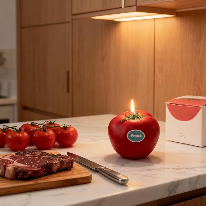 Tomato-Shaped Scented Candle,130G Realistic Red Fruit Design,Tomato Essential Oil,Natural Soy Wax Decorative Candle for Table Photo Prop Birthday,Perfect for Kitchen Decor & Joyful Gifting (Tomato)