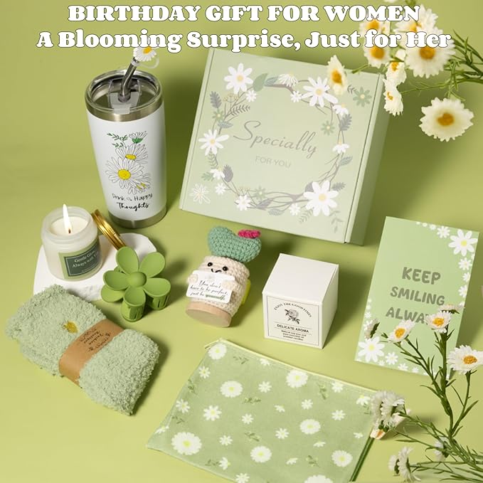 Gift Basket for Women - Unique Self Care & Birthday Gift Set for Her, Bestie, Sister, Teen Girl | Inspirational Green Friendship Gift Box, Get Well Soon & Thinking of You Gift - Brighten Her Day