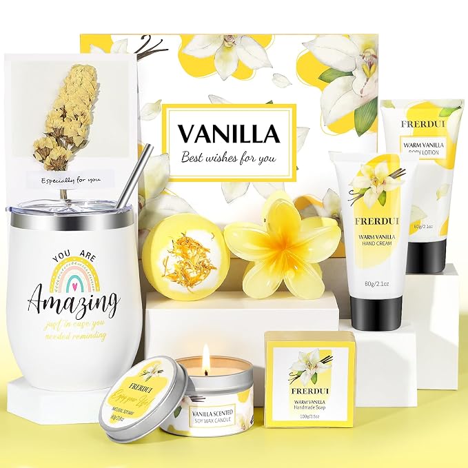 Birthday Gifts for Women, Relaxing Spa Gift Baskets for Women, Warm Vanilla Self Care Bath and Body Gift Set Care Package for Her Wife Mom Female Friends Bestie Sister Mothers Day Gifts