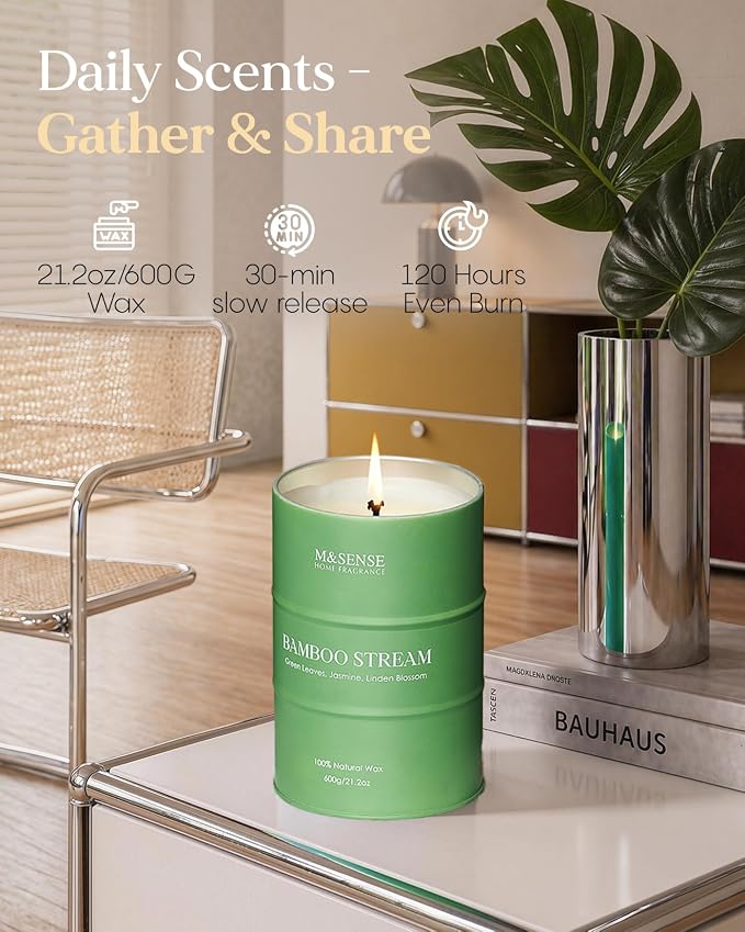 M&SENSE Bamboo Scented Candles Natural Non Toxic, Large Aromatherapy Candle for Stress Relief Meditation Relaxing, Housewarming Gifts for Women Men, 21.2oz 120 Hour Long Burning