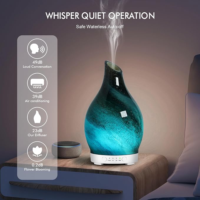 Aromatherapy Essential Oil Diffuser for Home- 150ml Art Glass Diffuser for Essential Oils with Waterless Auto Shut-Off 4 Timer 7 Colors LED Night Light for Home Office Decor Gifts for Women