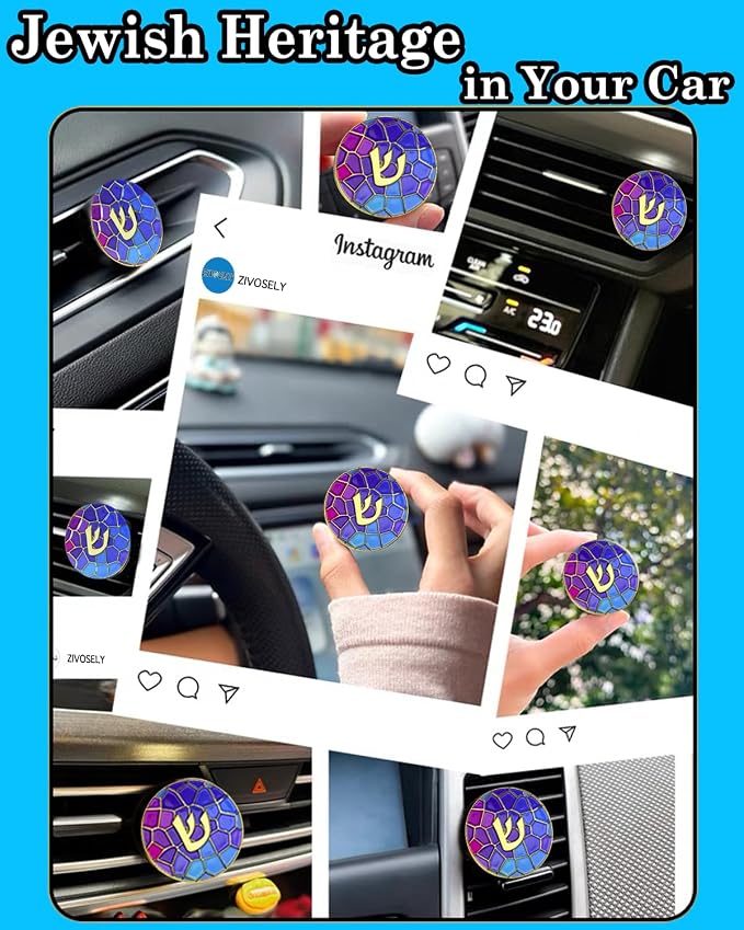 Hebrew Shin Car Vent Clip Air Freshener - Essential Oil Diffuser Refillable with 1 DIY Unscented Pads for Car Jewish Hanukkah Gifts Blue 1.57”