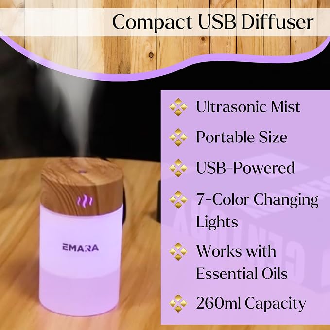 Emara Mini Diffuser for Essential Oils USB Wood Grain LED Lights 260ml, Portable Diffuser for Essential Oils, Ultrasonic Mist Travel Diffuser, Small Essential Oil Diffusers Gift