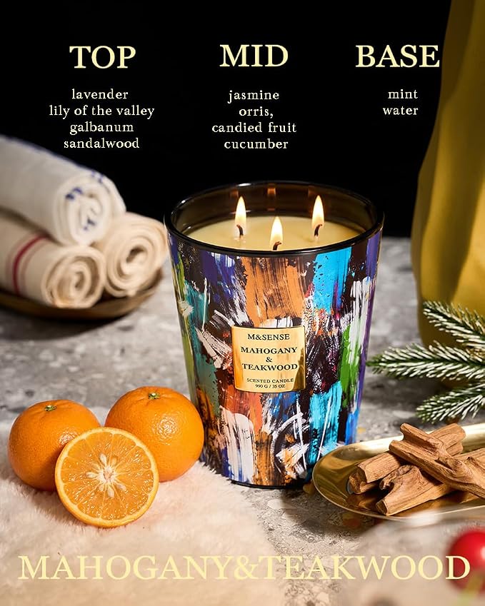 M&SENSE Large 3-Wick Teakwood Scented Soy Candle | 35oz, 150 Hours Clean Burning, Non-Toxic, Home Office Essential, Fathers Day Business & Housewarming Gift