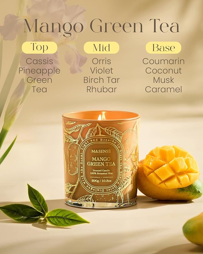 M&SENSE Mango Green Tea Soy Candle, Bathub Spa Relax Gift | Tropical Spa Atmosphere, Clean Soy Wax Long Burning for Bathtub, Summer Refresh For Rooms, Reusable Golden Stamped Jar