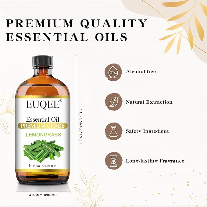 EUQEE Lemongrass Essential Oil 118ml Premium Lemongrass Oil with Glass Dropper, Great for Diffuser, Candle Making - 4Fl. Oz