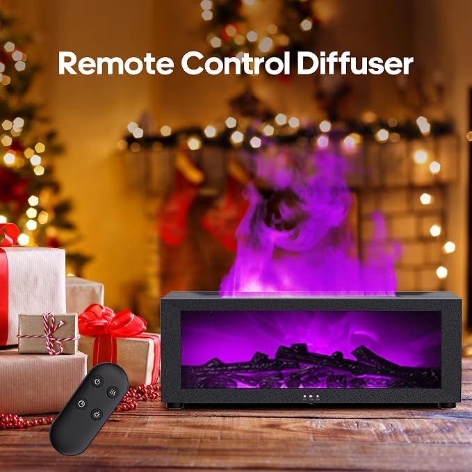 Essential Oil Diffuser Flame Colorful Water Vapor Fireplace Diffusers Fire Humidifier for Aromatherapy Aroma Therapy Machine (Black Fireplace (Long Version)