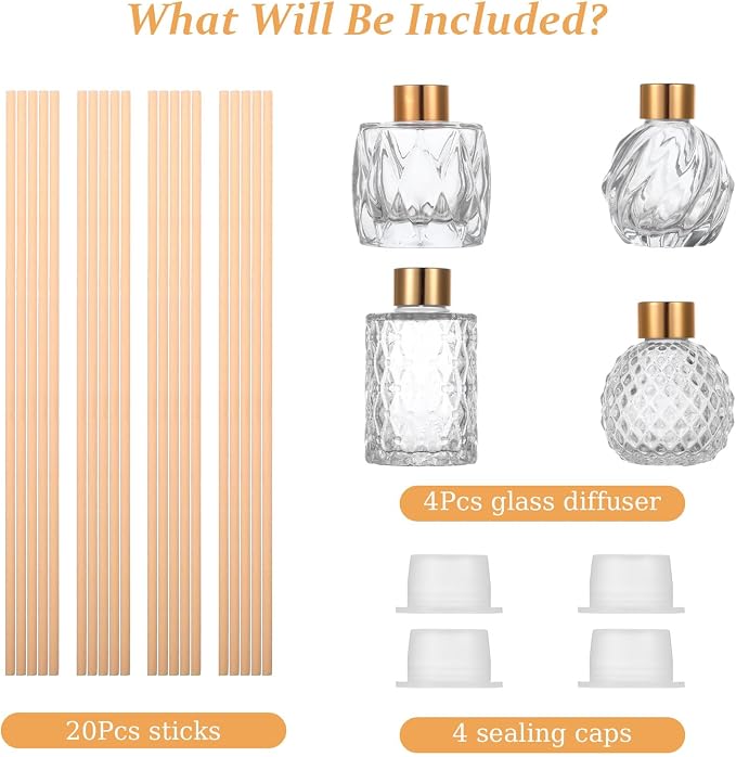 4 Piece Reed Diffuser Set, 3.5-4.2oz Empty Bottles and 20 Reed Sticks, Unique Design for Home and Office