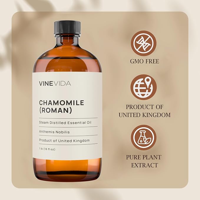 VINEVIDA Chamomile Roman Essential Oil 16 oz - Pure, Undiluted Chamomile Oil for DIY Candle Scents and Soap Making - Safe for Skin Topical Use