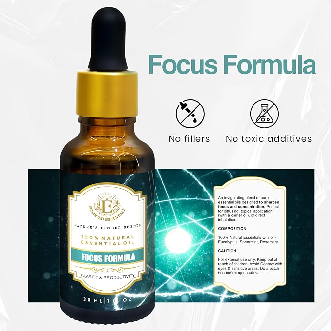 Essential Oil Blend for Focus & Clarity by Enhanced Essentials |100% Pure, Slow-Distilled Aromatherapy for Concentration, Study, Work & Mental Sharpness – 1 fl oz (30 ml)