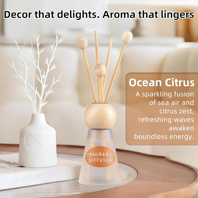 Reed Diffuser Set, Ocean Citrus Scent with Reed Sticks, 1.7 fl oz / 50ml Cone-Shaped Bottle with Round Wooden Cap, Ideal for Bathroom, Bedroom, Office, Home Fragrance for Shelf Decor Air Freshener