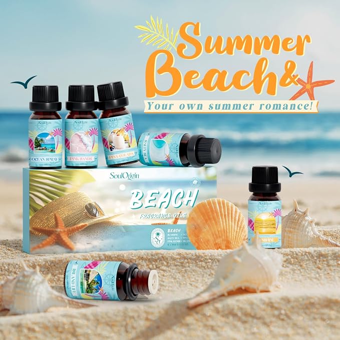 Soulorigin Beach Fragrance Oils Set, Essential Oil Gift Set for Diffuser, Summer Scent Diffuser Oil, Diffuser Scents Oil for Home-Ocean Spray, Pink Sands, Salty Sea, Pina Colada, Island Life, Sunshine
