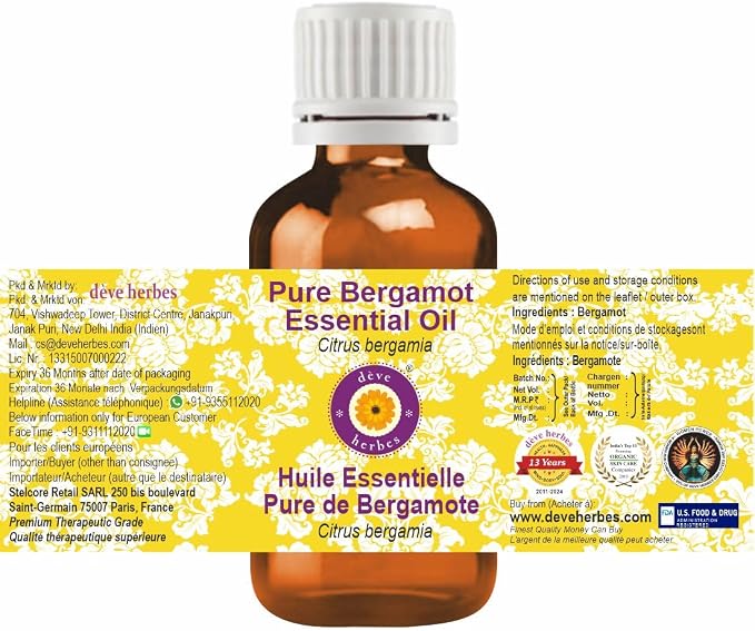 dève herbes Bergamot Essential Oil (Citrus bergamia) Pure | Non-Sticky | Non-Greasy | Lightweight | Men & Women | All Skin Types | Steam Distilled 15ml (0.5 oz)