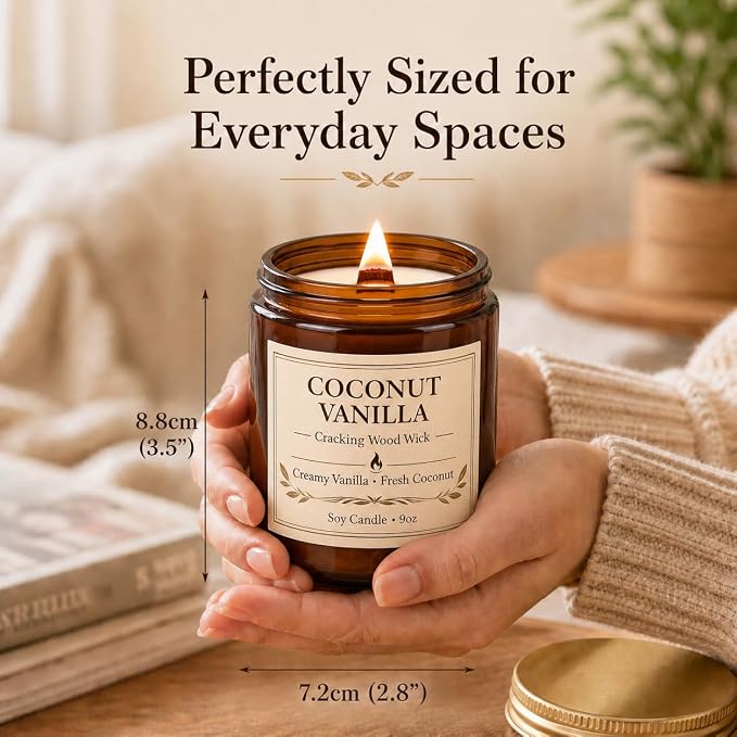 Coconut Vanilla Scented Candles for Home, 9oz Long Burning Soy Candles for Women, Wood Wick Natural Non Toxic Candle Jar, Aromatherapy Candle Gift for Home Bedroom Bathroom Office
