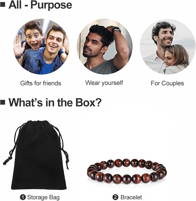 M MOOHAM Mens Bracelet - Beaded Natural Stone 8mm Tiger Eye Matte Agate Lava Rock Bracelets for Men Teen Boys Grandpa Dad Birthday Gifts Jewelry