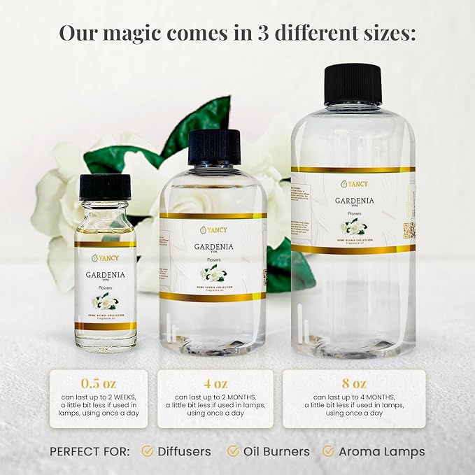YANCY Gardenia Home Collection Fragrance Oil (8 oz), Pure Gardenia Floral Scent, Elegant Fragrance for Diffusers, Oil Burners & Aroma Lamps, Fresh Floral Ambiance for Any Room