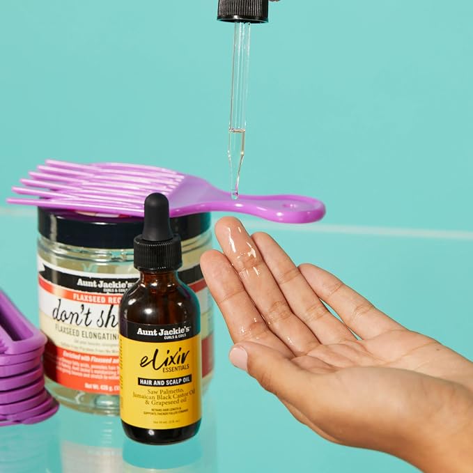 Aunt Jackie's Elixir Essentials Hair & Scalp Oil, Saw Palmetto, Jamaican Black Castor Oil & Grapeseed Oil, Nourishes, Thickens & Supports Hair Growth, 2 oz