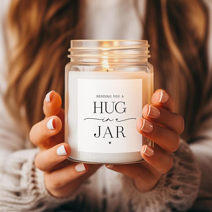 ThreeKin Warm Hug in a Jar Scented Candles for Home, Relaxing Aromatherapy Gifts for Women with Lavender Essential Oils, Natural Soy Wax Blend, Long 65-Hour Burn, Friendship Gifts, 9 Oz