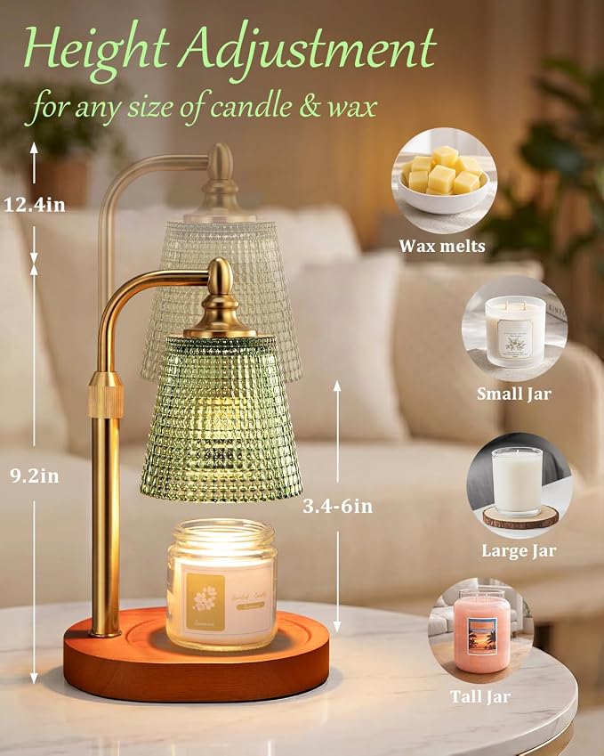 Hong-in Candle Warmer Lamp with Timer Dimmer, Birthday Gifts for Women, House Warming Gifts for New Home, Vintage Room Decor, Adjustable Height Candle Lamp, Wax Warmer for Scented Jar Candles, Green
