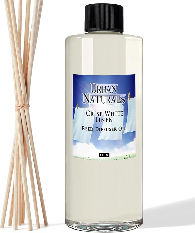 Urban Naturals Reed Diffuser Oil Refill Crisp White Linen with Fresh Linen, Clean Breeze, Soft Cotton 8 oz + Free Reed Sticks, Made in the USA
