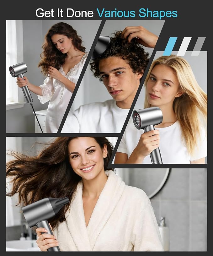 Cosy Companions Hair Dryer - Negative Ionic Blow Dryer with 150000 RPM High Speed Brushless Motor for Fast Drying, Low Noise, HD Display Hair Dryer with Diffuser and Nozzle, 5 Temps & 2 Speeds