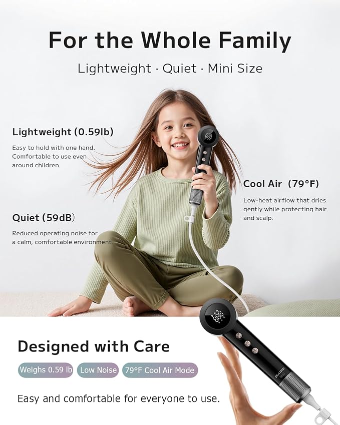 Mini Hair Dryer, Ultra Lightweight 267g Compact Travel Hair Dryer, Ionic Blow Dryer with 500M Negative Ions & NTC Heat Control, 110,000 RPM Brushless Motor High Speed Hair Dryers