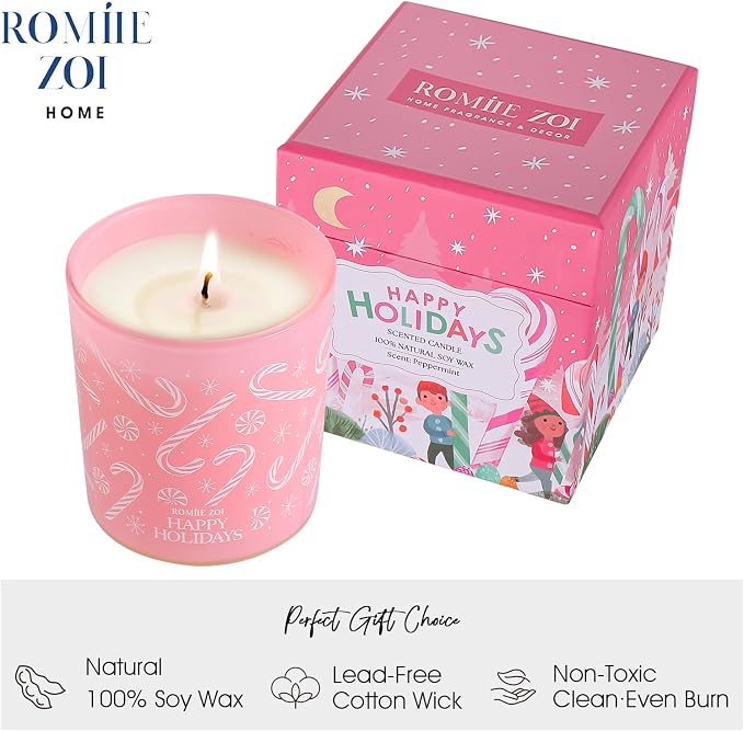 ROMIIE ZOI Christmas Scented Jar Candle - 6oz Soy Wax Candle - Happy Holidays Infused with Peppermint Aroma - with Beautiful Keepsake Box Special for Holiday Gifts