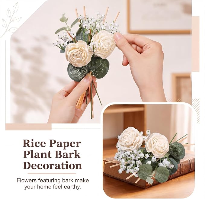 XunYee 33 Pcs Reed Diffuser Set Include Flowers and Sticks，Sola Flowers with Eucalyptus and Gypsophila Oil Diffuser Sticks Aromatherapy for Home Decor Bathroom Decor (Rose, Lotus, Chrysanthemum)