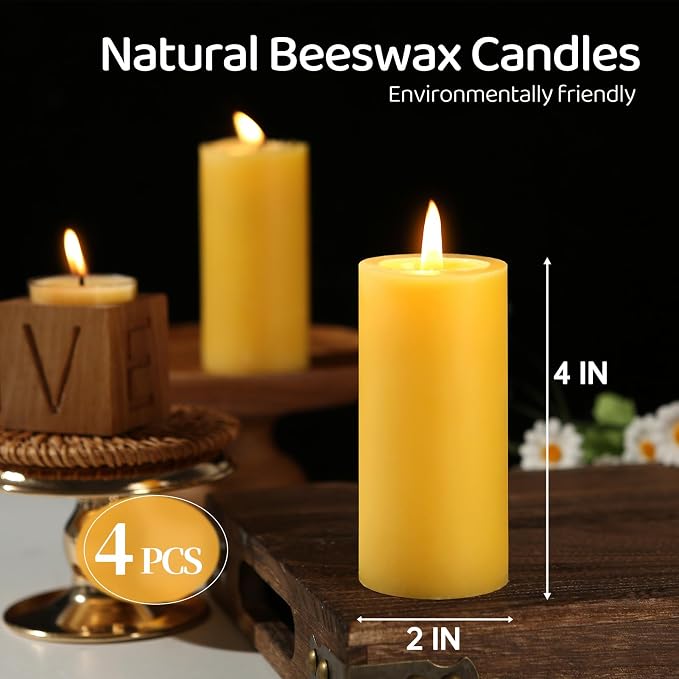 Natural Beeswax Pillar Candles,140 Hours Long Burning Pure Beeswax Candles Bulk,Unscented Bees Wax Candle for Home,Prayer,Dripless Smokeless Organic 100% Pillar Candles 2x4in-4pack