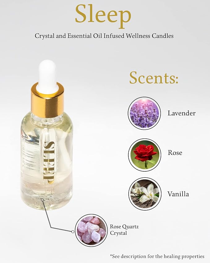 Crystal Infused Essential Oil Vial, 1 Oz, Sleep - Rose Quartz Crystal Infused - Scents of Rose, Lavender, and Vanilla - Aromatherapy Oils, Massage, Stress Relief