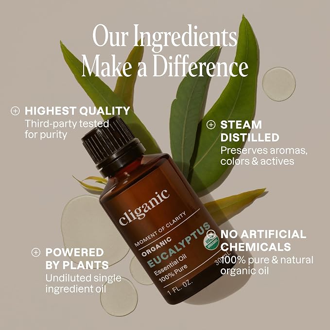 Cliganic Organic Eucalyptus Essential Oil, 100% Pure | Natural Aromatherapy Oil for Diffuser Steam Distilled | Non-GMO Verified