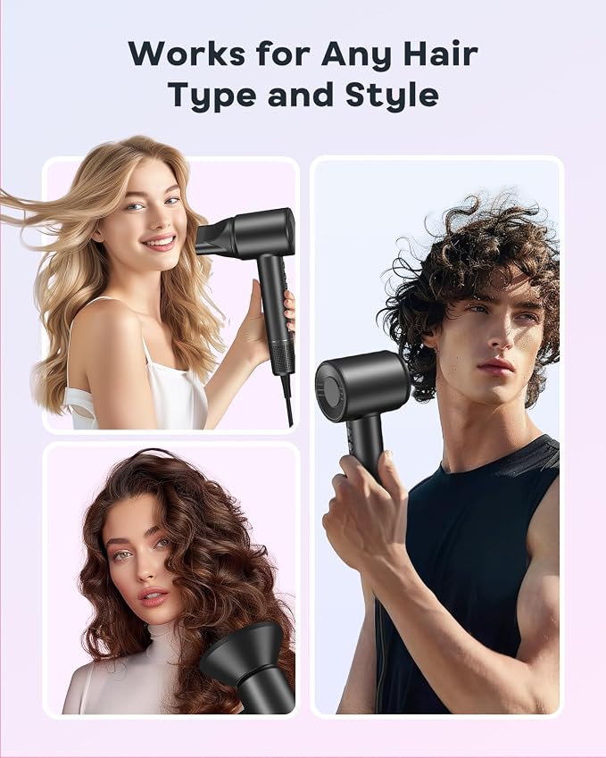 Bopcal Hair Dryer, Ionic Blow Dryer with Diffuser, 150,000 RPM Professional High-Speed Hair Dryer, 500M Negative Ions Fast Drying, Lightweight Low Noise for Curly & Straight Hair, Travel Friendly