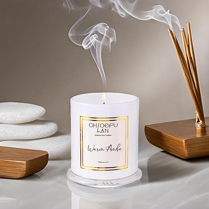 Warm Amber Candle, Scented Candles Gifts for Women & Men, Amber Oil, Cotton Wick, Natural Soy Wax for Clean Burning, Luxury Home Decor, Non-Toxic, Glass Jar Candle, 70 Hour Burn, 10 oz