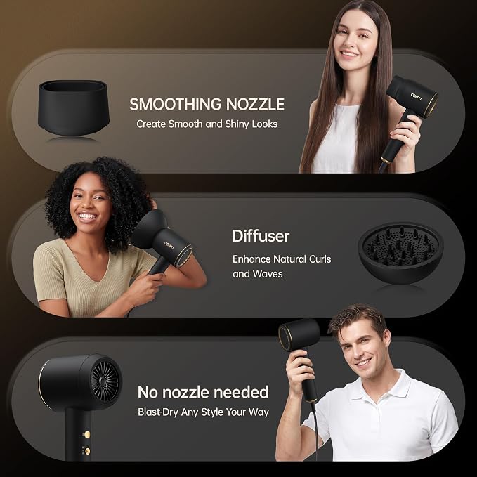 CONFU Diffuser Blow Hair Dryer - 420 Million Plasma Blowdryers for Curly/Fine/Thick/Frizzy Hair - Professional 1600 Watt Ionic Hairdryers Handheld Lightweight (Black)