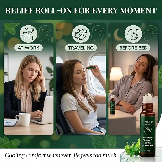 Florus Relief Roll on, Migraine Roll on with Magnesium Glycinate, Lavender, Peppermint, Chamomile for Headache Support (1)