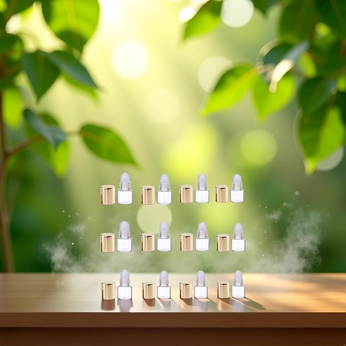 Glass Essential Oil Roller Bottles,12 Pcs Gold 1ml Mini Glass Roll on Bottles Roller Refillable Essential Oil Aromatherapy Sample Vials Container, Refillable Cosmetic Roller Bottles