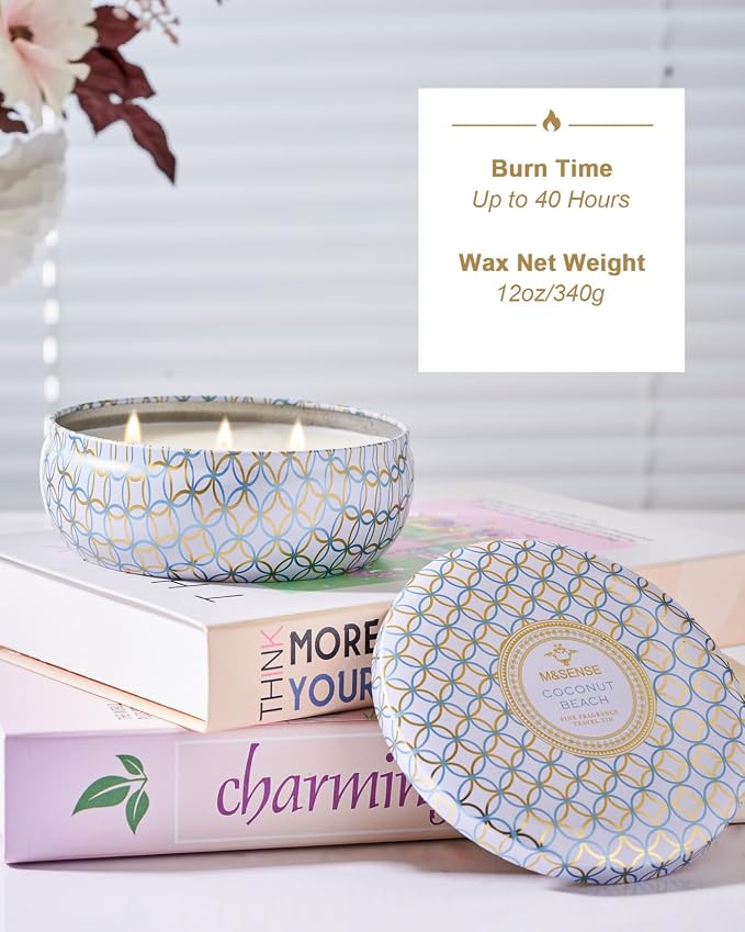 M&SENSE Coconut Beach Scented Candles 12 oz, Large 3 Wick Soy Tin Candle, Over 40 Hour Burning Time, 100% Natural Vegan Wax, Relaxing Aromatherapy Aesthetic Candle Gift for Women Men