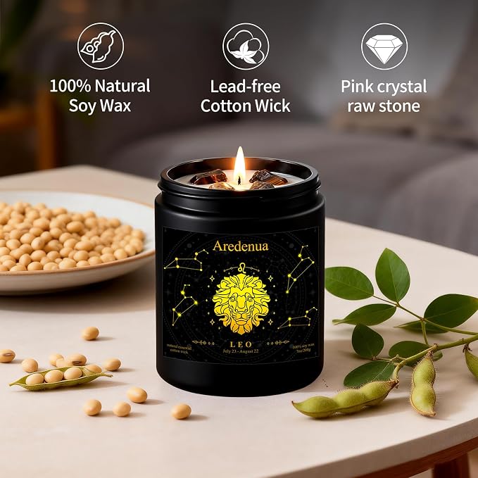 Leo Zodiac Candle | Astrology Birthday Gift for Women Healing Crystal Candles with Tiger Eye Crystals - Soy Candle, 7oz 50 Hour Burn, Spiritual Gift for Women, July August Birthday Candle