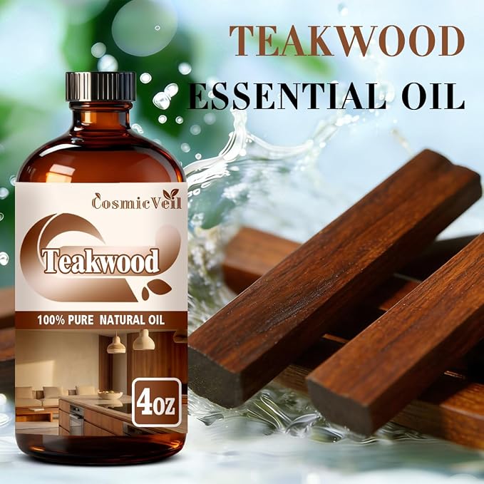 Teakwood Essential Oil Teakwood Oil for Aroma Diffuser,Humidifier,Home Fragrance,Cleaning,Body Care,Massage,Yoga,DIY Candle,DIY Soap CosmicVeil（Teakwood，4 Fl Oz (Pack of 1)）