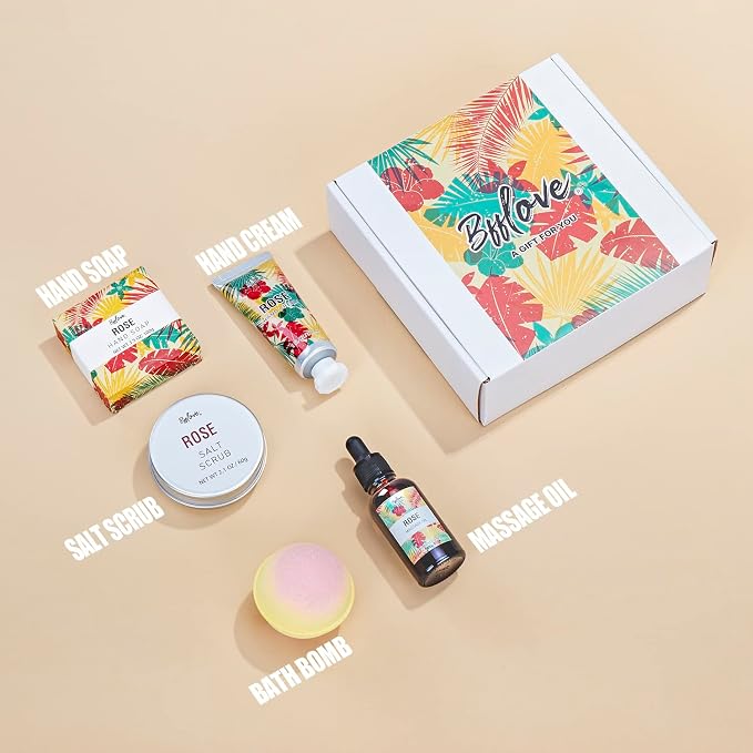Spa Gifts for Women, Gift Set, Self Care Kit, Birthday Gifts, 5pc Rose Bath Sets Include Massage Oil, Bath Bomb, Salt Scrub, Soap, Hand Cream, Mother's Day Gifts for Mom