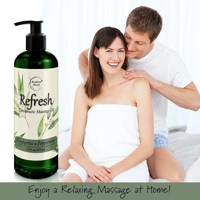Refresh Massage Oil for Massage Therapy with Eucalyptus & Peppermint Essential Oils - All Natural, Great for Sore Muscles. Ideal for Full Body Relaxation – Nut Free Formula 16oz (Pack of 2)